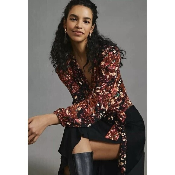 NWT Anthropologie Balloon-Sleeve Blouse Open Back Tie Belt Top Multicolor XXS - Picture 7 of 14